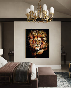 Averment Lion Fine Art Painting and Print By Artist Mark Phi - Iridescent paint Artwork for Leaders. Silent Power. Approaching Lion. Intense Eyes. Black Background. Leo power. Contemporary art. Luxury decor. Bedroom interior design. 