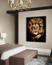 Load image into Gallery viewer, Averment Lion Fine Art Painting and Print By Artist Mark Phi - Iridescent paint Artwork for Leaders. Silent Power. Approaching Lion. Intense Eyes. Black Background. Leo power. Contemporary art. Luxury decor. Bedroom interior design. 