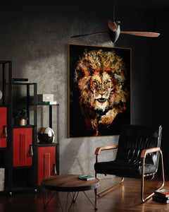Averment Lion Fine Art Painting and Print By Artist Mark Phi - Iridescent paint Artwork for Leaders. Silent Power. Approaching Lion. Intense Eyes. Black Background. Leo power. Contemporary art. Luxury decor. Office workspace interior design 