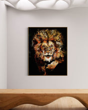 Load image into Gallery viewer, Averment Lion Fine Art Painting and Print By Artist Mark Phi - Iridescent paint Artwork for Leaders. Silent Power. Approaching Lion. Intense Eyes. Black Background. Leo power. Contemporary art. Luxury decor. Institution art interior design. Corporate 