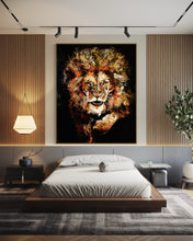 Load image into Gallery viewer, Averment Lion Fine Art Painting and Print By Artist Mark Phi - Iridescent paint Artwork for Leaders. Silent Power. Approaching Lion. Intense Eyes. Black Background. Leo power. Contemporary art. Luxury decor. Bedroom Interior design. 