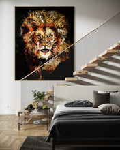 Load image into Gallery viewer, Averment Lion Fine Art Painting and Print By Artist Mark Phi - Iridescent paint Artwork for Leaders. Silent Power. Approaching Lion. Intense Eyes. Black Background. Leo power. Contemporary art. Luxury decor. Hallway stairs interior design. 