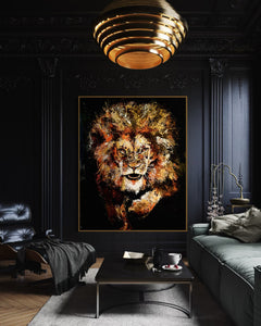 Averment Lion Fine Art Painting and Print By Artist Mark Phi - Iridescent paint Artwork for Leaders. Silent Power. Approaching Lion. Intense Eyes. Black Background. Leo power. Contemporary art. Luxury decor. Dark Room Interior design. 