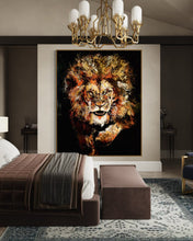 Load image into Gallery viewer, Averment Lion Fine Art Painting and Print By Artist Mark Phi - Iridescent paint Artwork for Leaders. Silent Power. Approaching Lion. Intense Eyes. Black Background. Leo power. Contemporary art. Luxury decor. Bedroom interior design. 