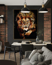 Load image into Gallery viewer, Averment Lion Fine Art Painting and Print By Artist Mark Phi - Iridescent paint Artwork for Leaders. Silent Power. Approaching Lion. Intense Eyes. Black Background. Leo power. Contemporary art. Luxury decor. Dining room interior design. 